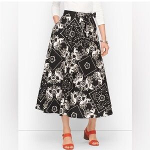 Talbots Peacock ALLOVER BANDANA COTTON MIDI SKIRT Geometric w/Pockets Black 18